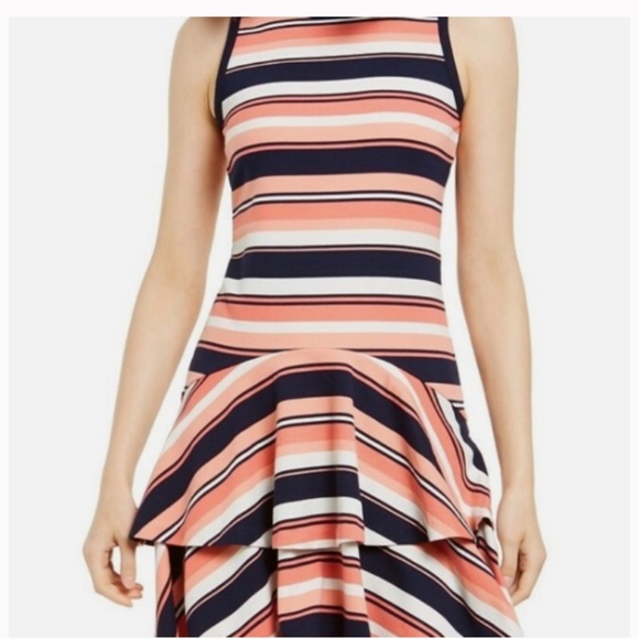 Michael Kors Coral Peach Ottoman Striped Flounce Hem Sleeveless Dress Size Small - Picture 1 of 5